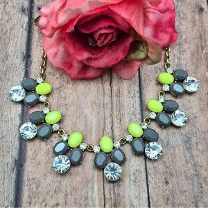 J.Crew Gold Tone Gray & Green Statement Collar Necklace Clear Crystals Bib 20"